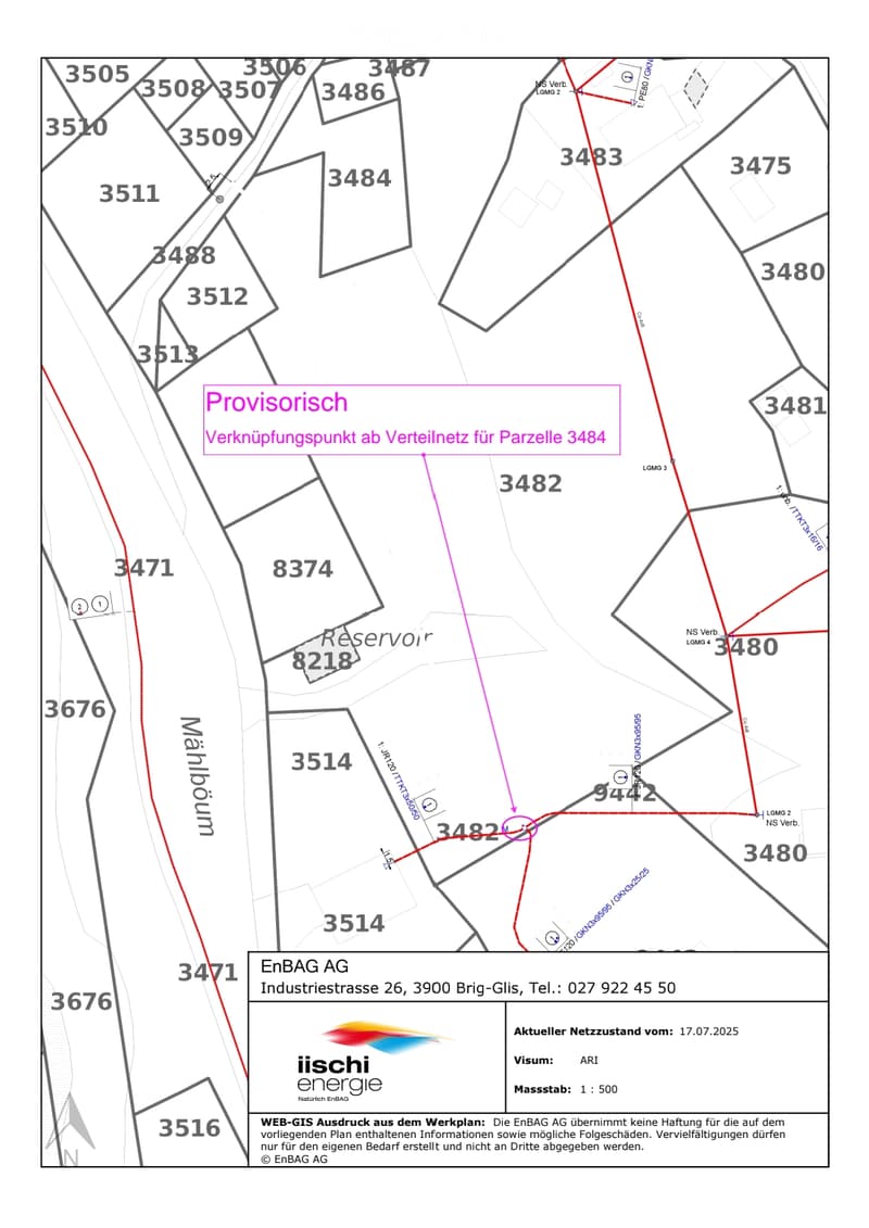 Floor plan showing property boundaries, parcel numbers, and a provisional connection point for parcel 3484.