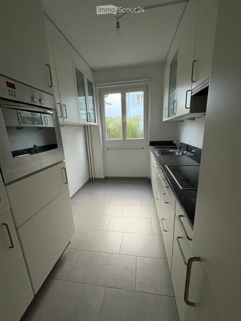 Modern kitchen with white cabinets, stainless steel appliances, and a large window at the end.