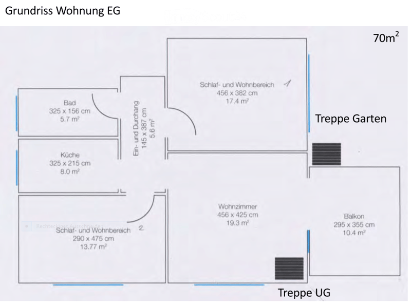 Ground floor floor plan showing a living and sleeping area, kitchen, bathroom, and balcony.