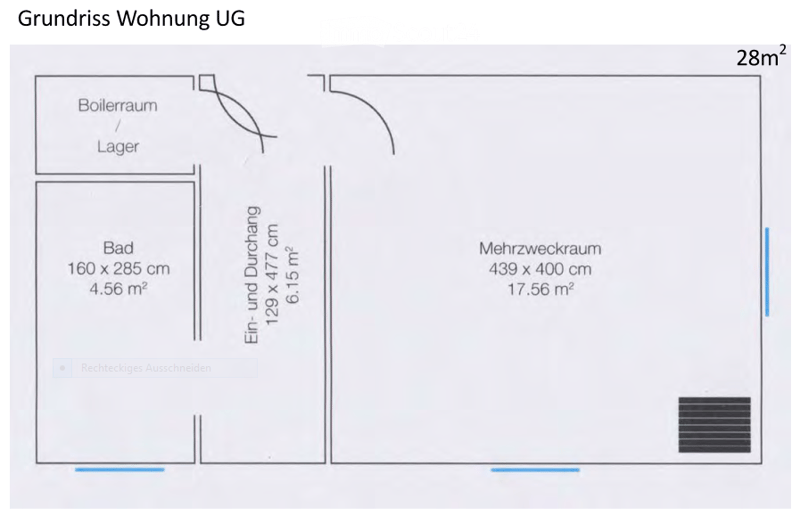Floor plan of a basement apartment showing a bathroom, boiler room/storage, and a multi-purpose room. Dimensions and area are provided for each space.