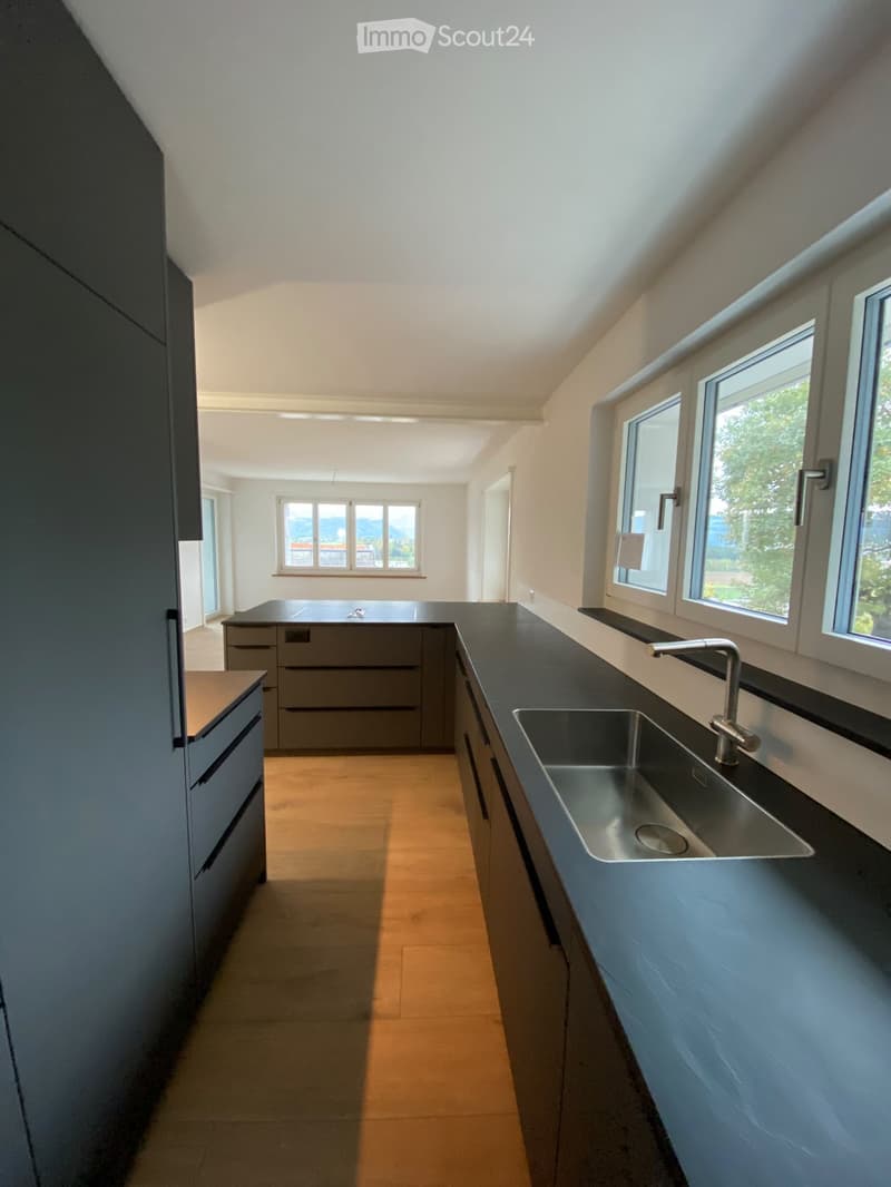 Modern kitchen with dark countertops, stainless steel sink, and grey cabinets. Natural light from large windows illuminates the space.