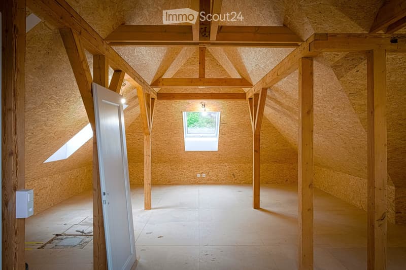 An empty attic space with exposed wooden beams, a skylight window, and a door leading to another area. The floor is tiled, and the walls are covered in wood paneling.