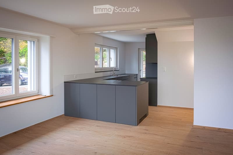 Empty kitchen with grey cabinets, wooden flooring, and large windows allowing natural light. No appliances or furniture are present.