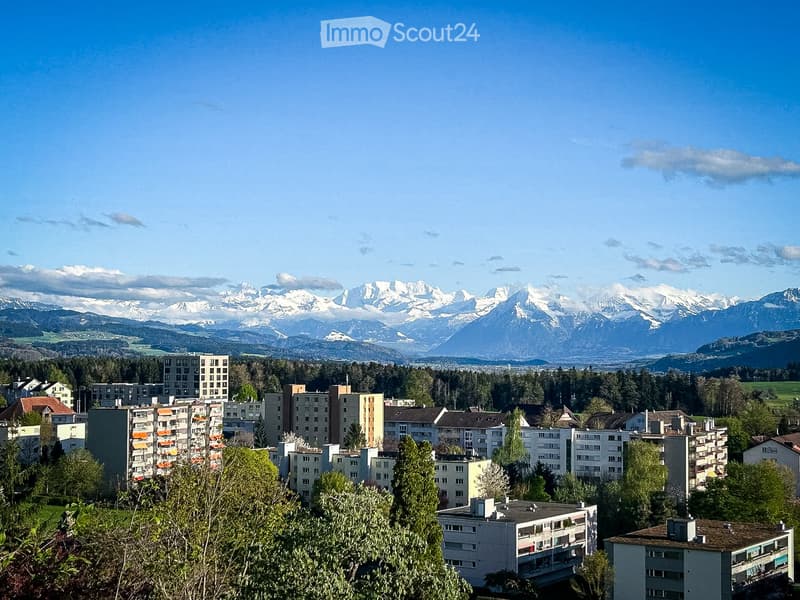 A panoramic view of a cityscape with multiple residential buildings, surrounded by lush green trees and a backdrop of snow-capped mountains under a clear blue sky.