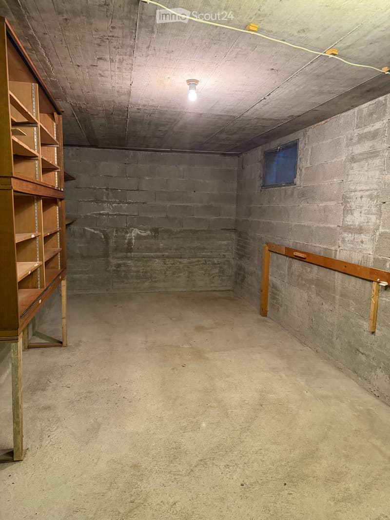 Empty basement with concrete walls and floor, wooden shelving unit on one side, small window with blinds, and a single overhead light fixture.