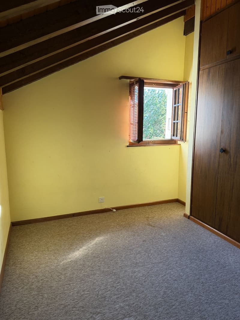 Empty room with light yellow walls, carpeted floor, wooden trim, and a window with wooden shutters. No furniture or equipment present.