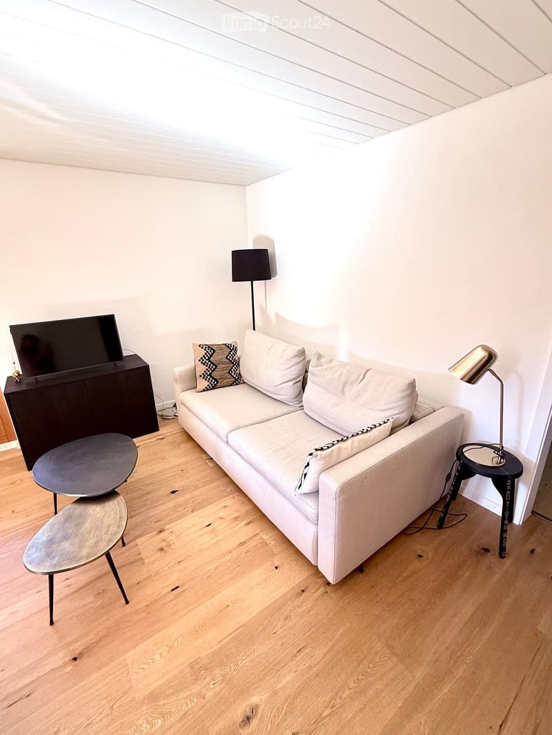 Modern living room with light wooden flooring, white walls, and a white sofa with patterned cushions. Includes a coffee table, two side tables, a floor lamp, and a television on a stand.