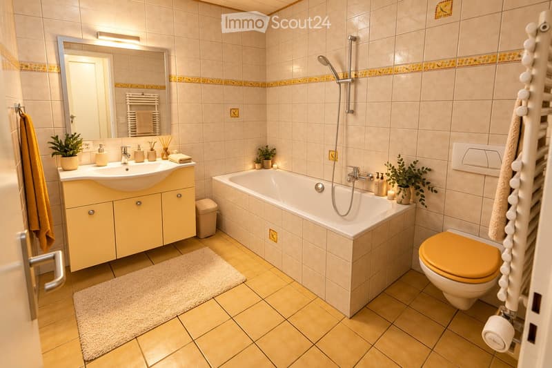 Bright bathroom with beige tiles, a white bathtub, a yellow sink cabinet, a toilet with a yellow seat, a large mirror, a towel rack, and small potted plants on the sink and bathtub.