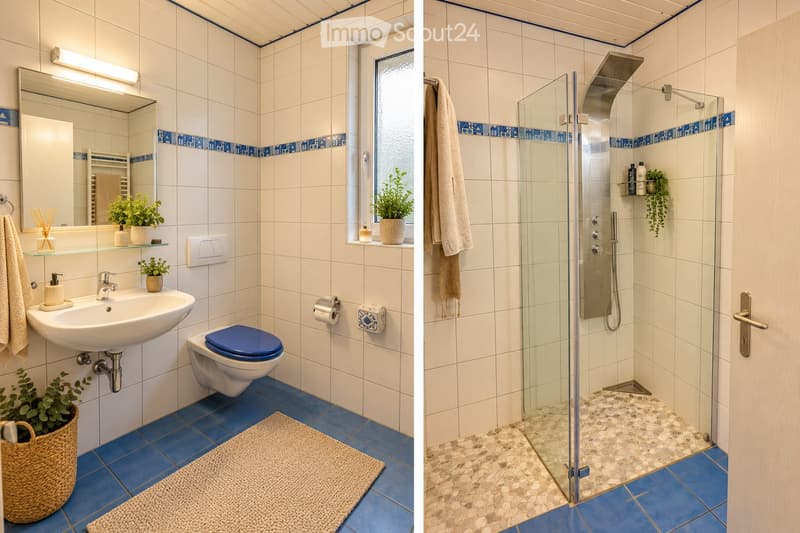 Modern bathroom with white tiles, blue accents, a sink, toilet, mirror, and a glass-enclosed shower with a modern showerhead. Includes decorative plants, a towel, and a bathroom rug.