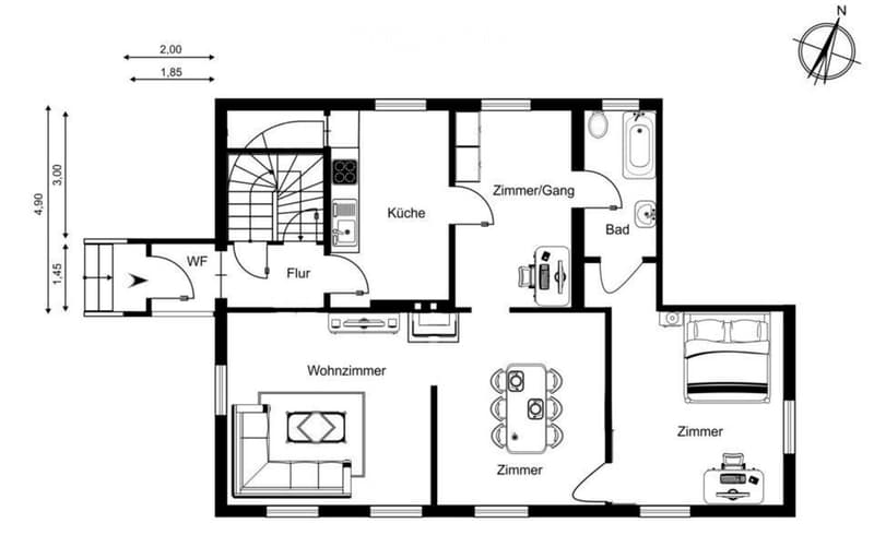 Floor plan of a 3-room apartment with a living room, kitchen, bedroom, bathroom, and hallway.