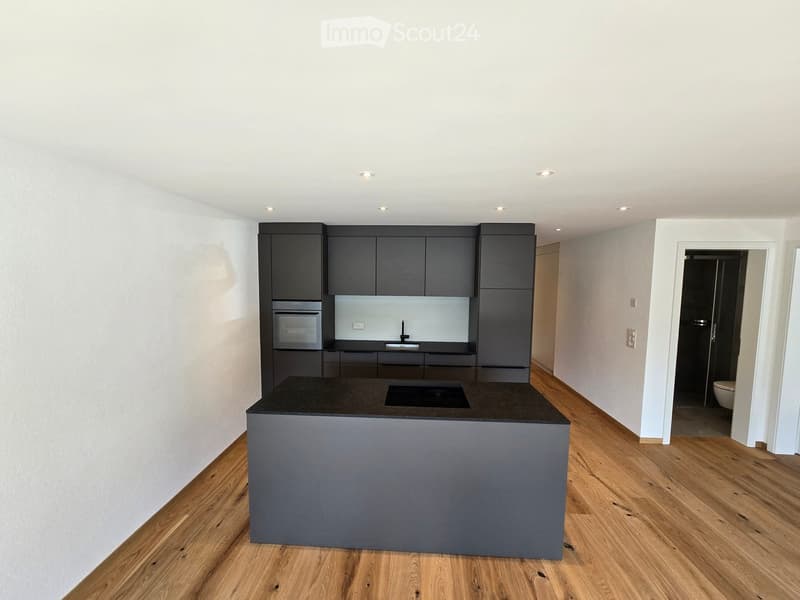 Modern kitchen with grey cabinets, a black countertop island, and a sleek sink area. The space features light wooden flooring and recessed ceiling lighting.