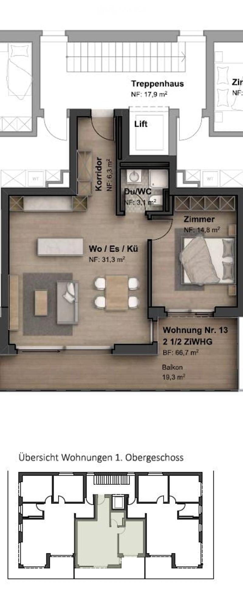 Floor plan of a residential unit on the first floor, including a living/dining/kitchen area, bedroom, hallway, staircase, lift, and balcony.
