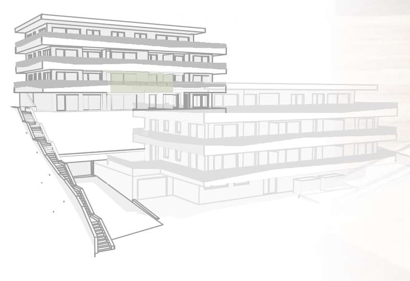 Architectural floor plan of a multi-story building with multiple levels, windows, and a staircase leading to the upper level.