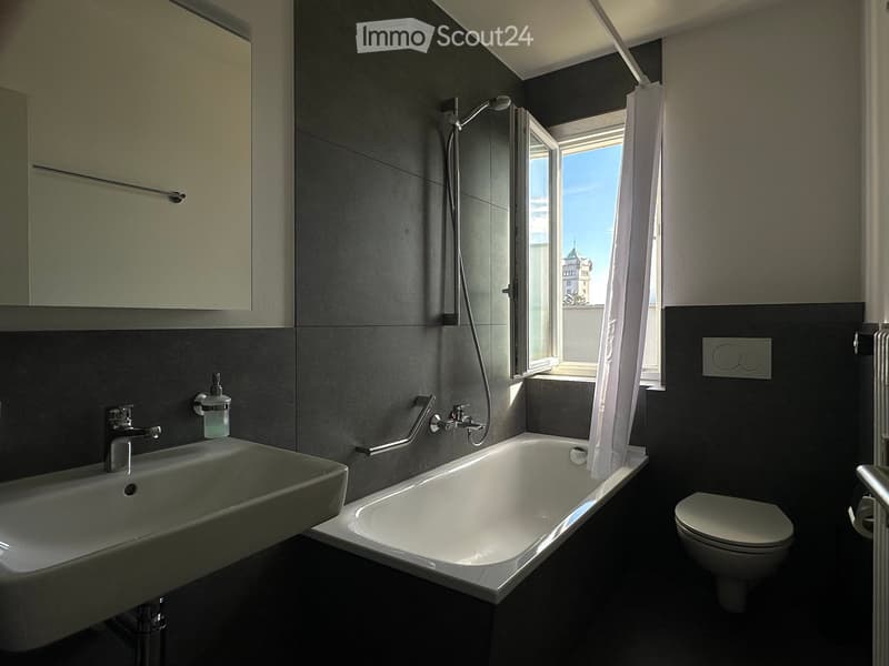 Modern bathroom with a large window, bathtub, sink, toilet, showerhead, handrail, and radiator.