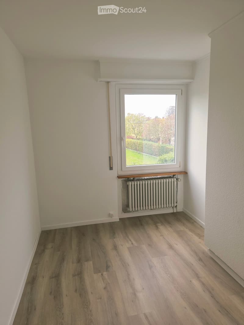 Empty room with light wooden flooring, white walls, a window with a view of greenery, and a radiator below the window.