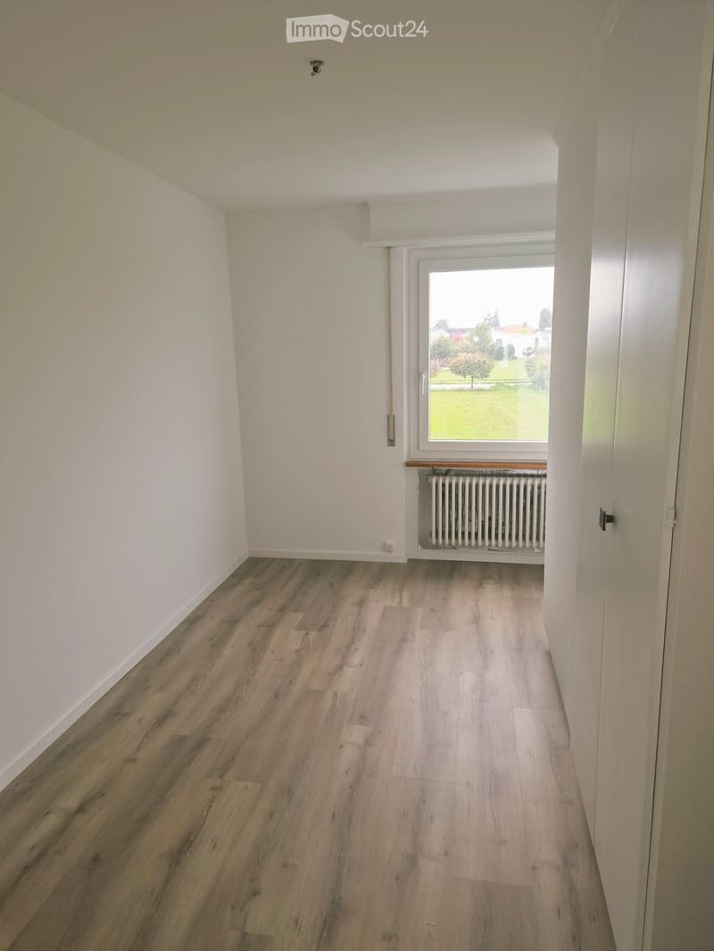 Empty room with light wooden flooring, white walls, and a window showing a view of a green outdoor area. A radiator is visible beneath the window.