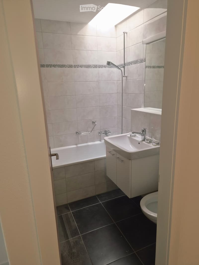 Modern bathroom with a bathtub, sink, toilet, and mirror. Features white tiles, dark floor tiles, and a skylight window for natural light.