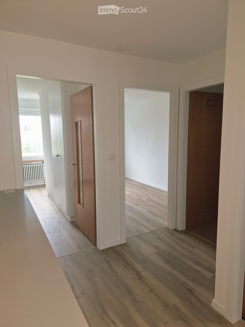 Empty hallway with light wooden flooring, white walls, and several doors leading to other rooms.