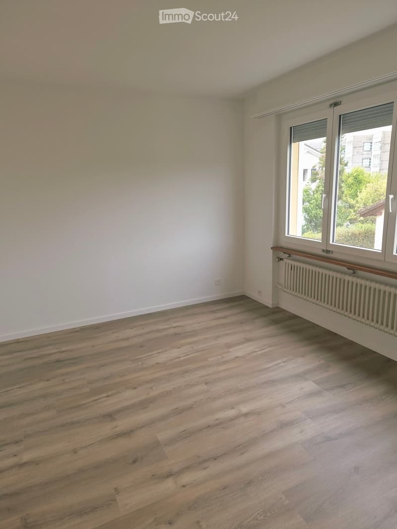 Empty room with light wooden flooring, white walls, and a large window with a radiator below it.