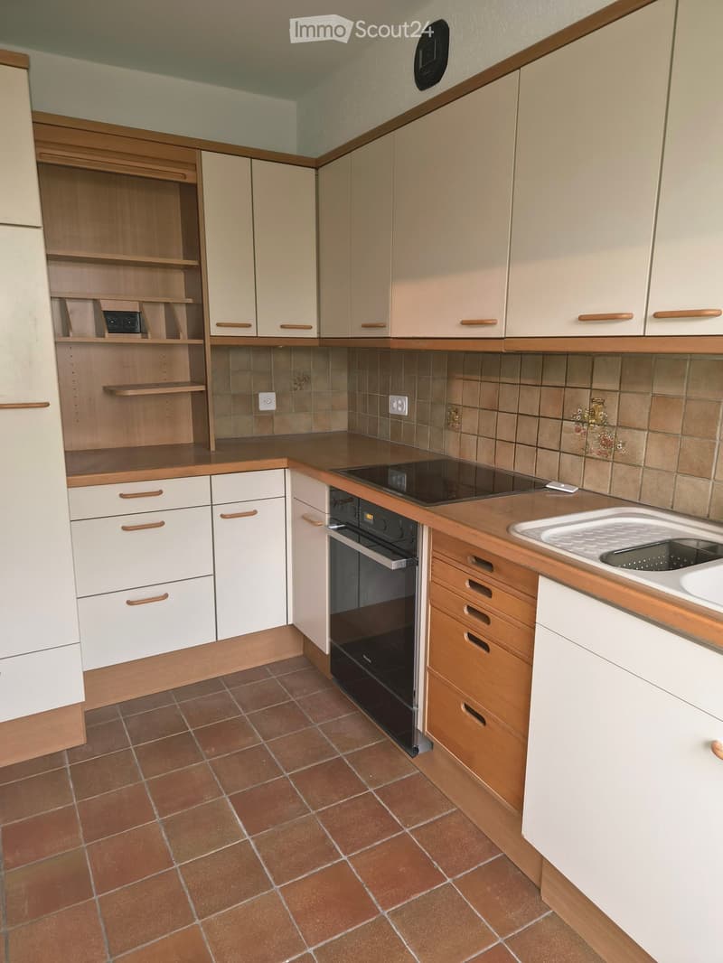 Modern kitchen with white cabinets, wooden accents, electric stove, oven, sink, and wooden shelf.
