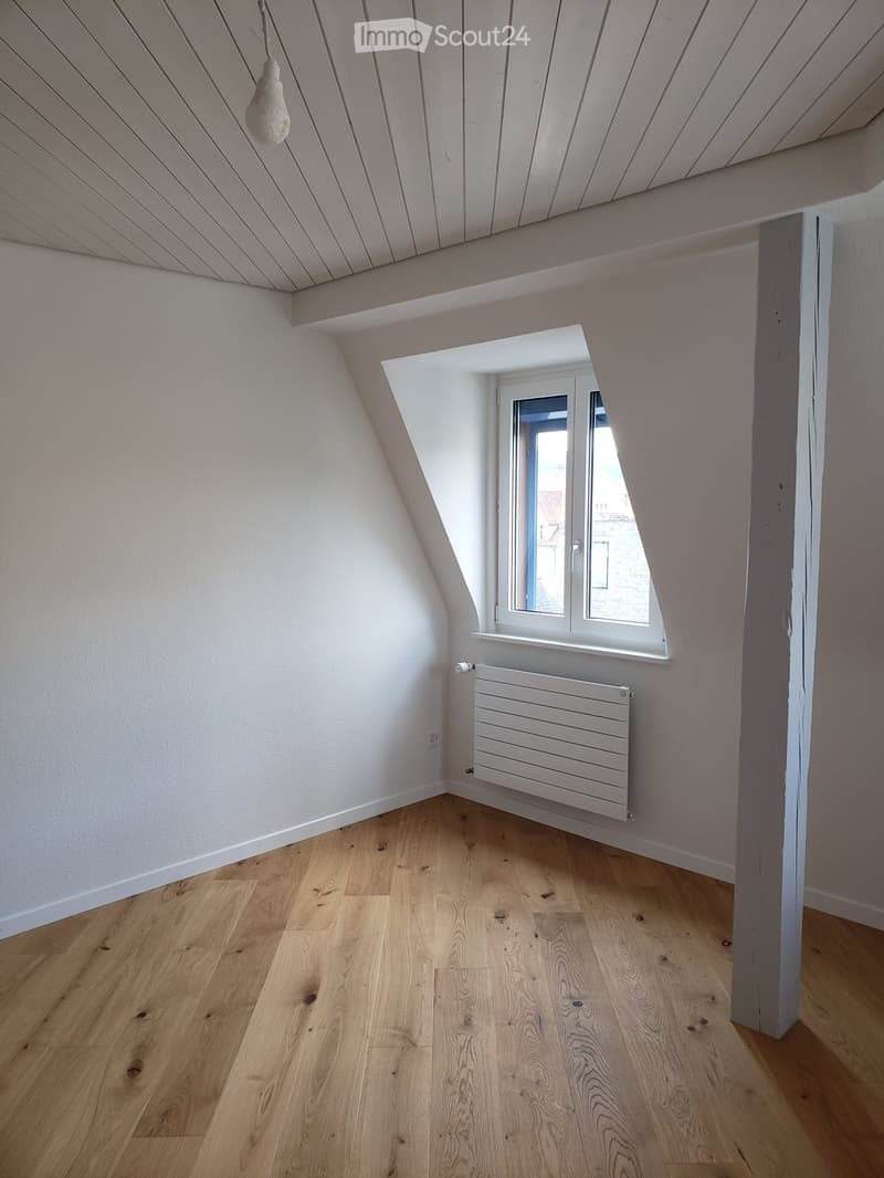 Empty attic room with wooden flooring, white walls, a window, and a radiator.