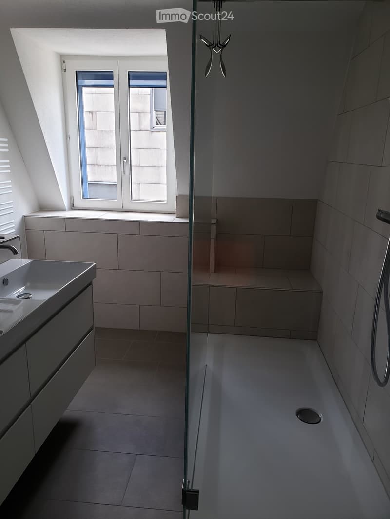 Modern bathroom with a sleek sink, faucet, and cabinet. Features a glass-enclosed shower area with a modern design and large windows providing natural light.