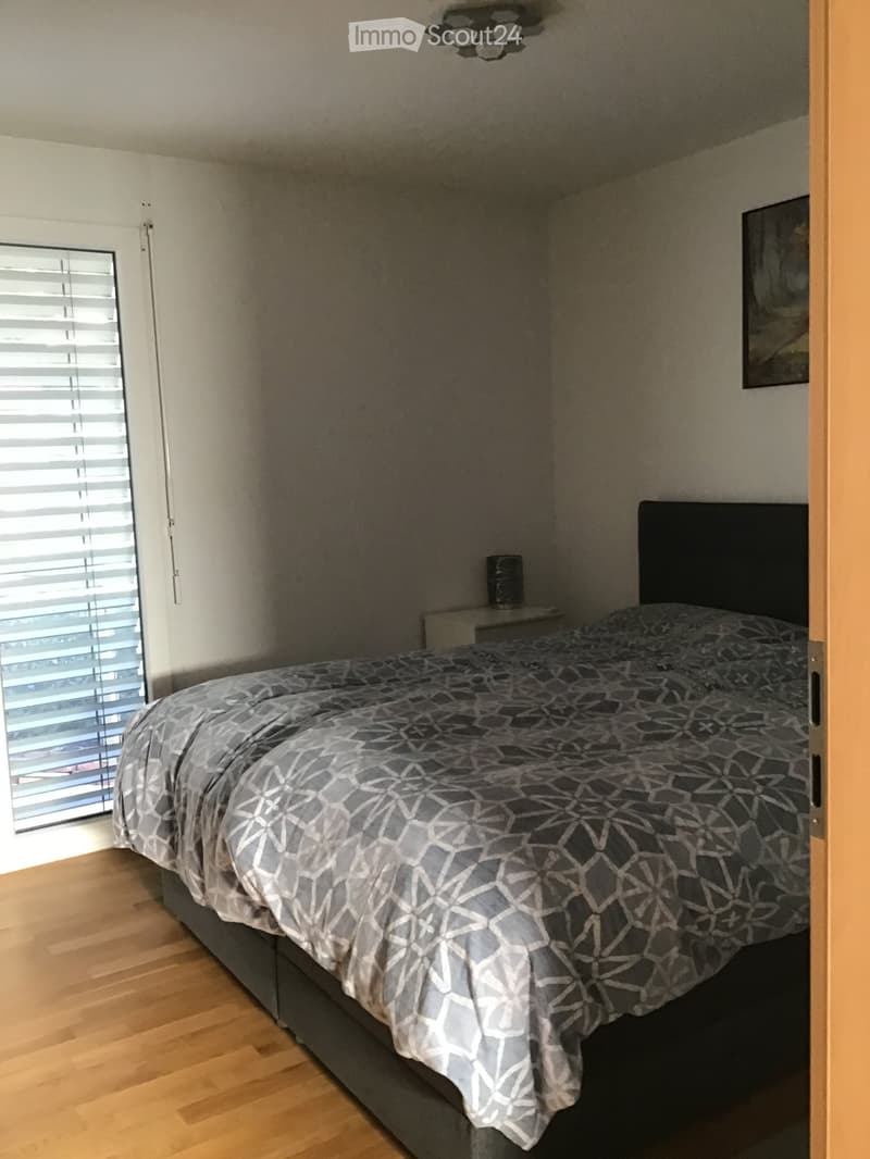 Modern bedroom with a large bed, grey and white patterned duvet, nightstand, and a picture frame on the wall. The room features wooden flooring and large windows with blinds.