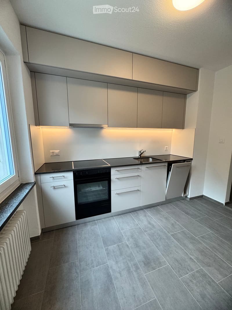 Modern kitchen with white cabinets, black countertop, built-in oven, sink, and radiator near the window.