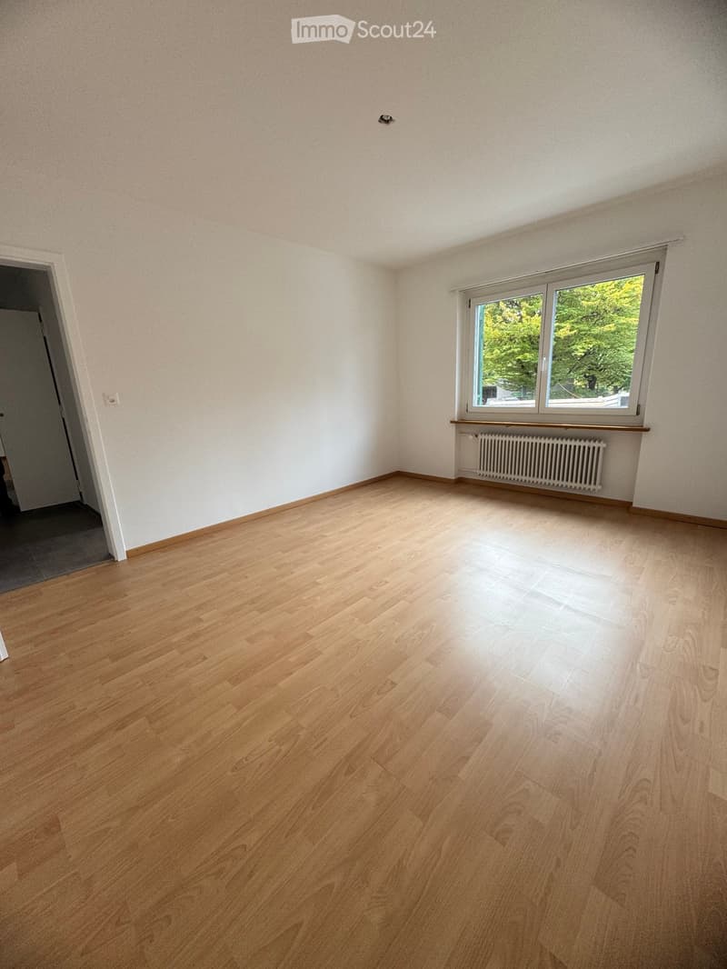 Empty room with wooden flooring, white walls, and a large window with a view of greenery. A radiator is visible under the window, and a door leads to another space.