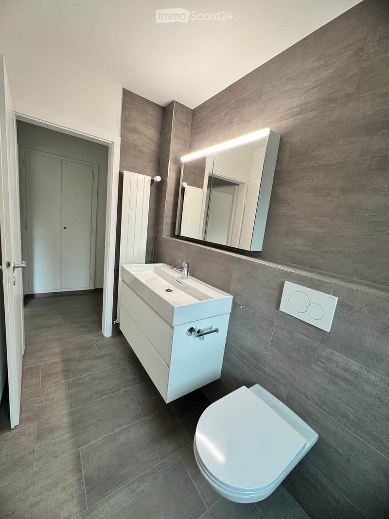 Modern bathroom with grey tiled walls, a white sink with a built-in cabinet, a toilet, and a large mirror with built-in lighting.