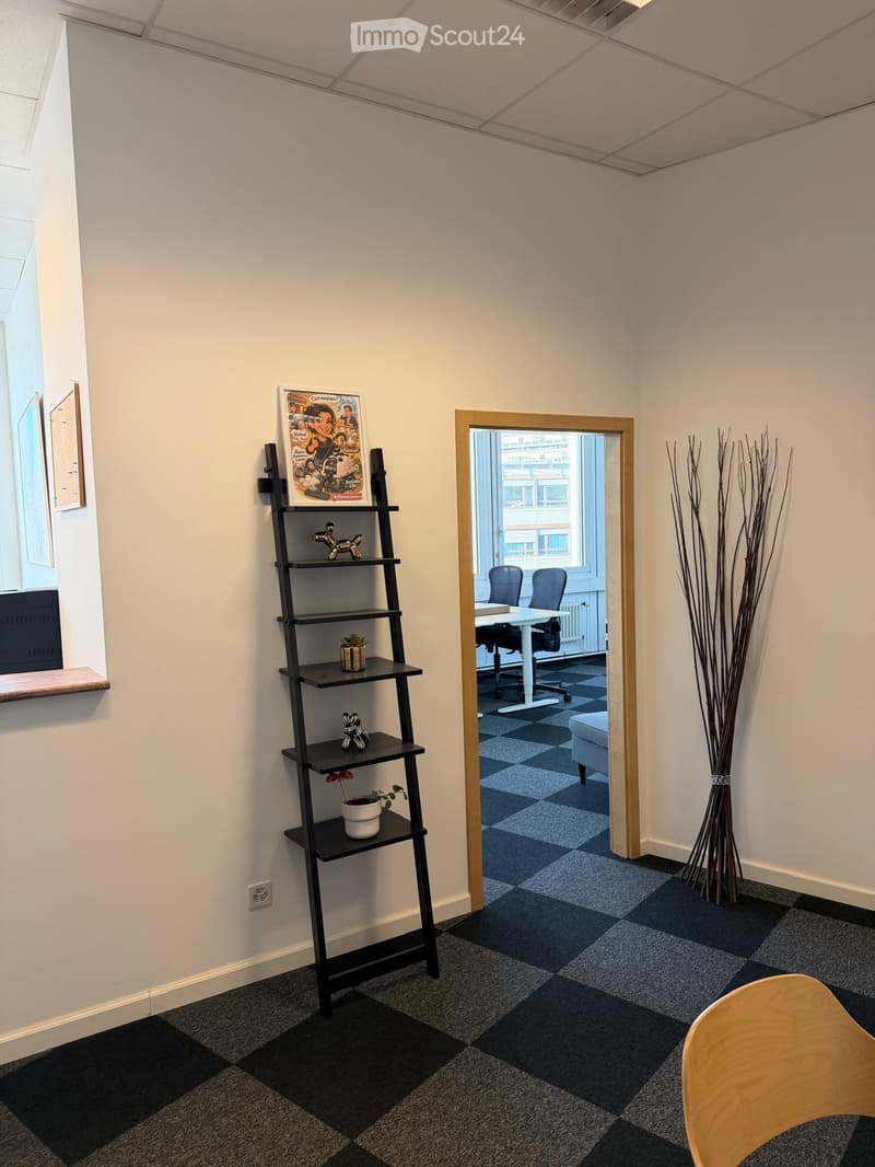 A modern office space with a black shelving unit holding various decorative items, a potted plant, and a picture frame. A wooden chair is visible in the foreground, and an open doorway leads to another room with a desk, chairs, and a view of the outside.