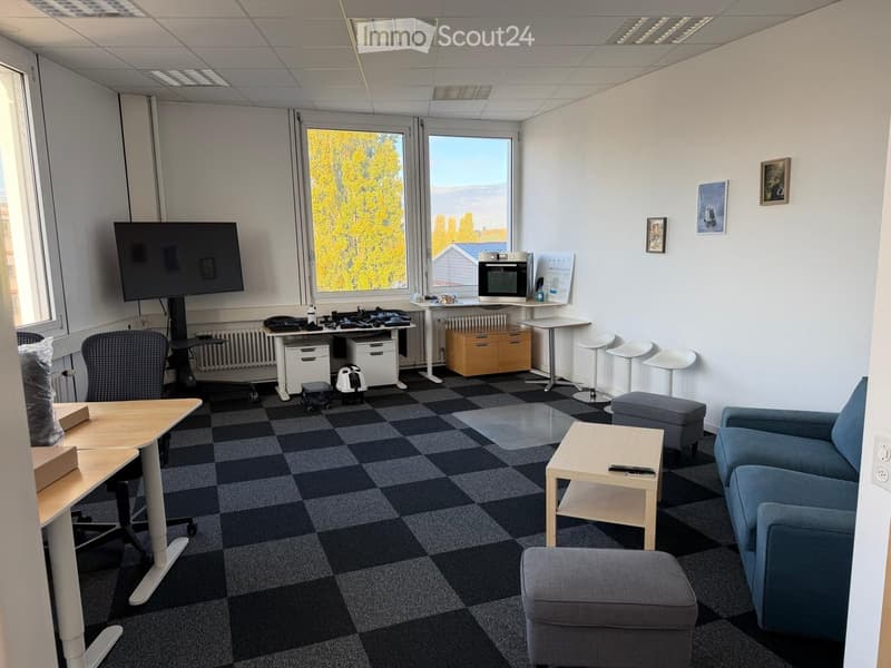 Office space with a sofa, coffee table, chairs, stools, a screen, and an oven. The room has large windows with a view of trees and a building outside.