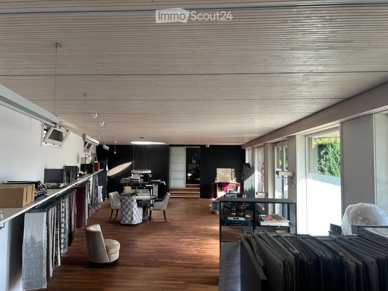 Open-plan living and dining area with wooden flooring, modern furniture including a sofa, chairs, a dining table, and a kitchen counter. Shelves and storage units are visible, along with a lamp and a screen.