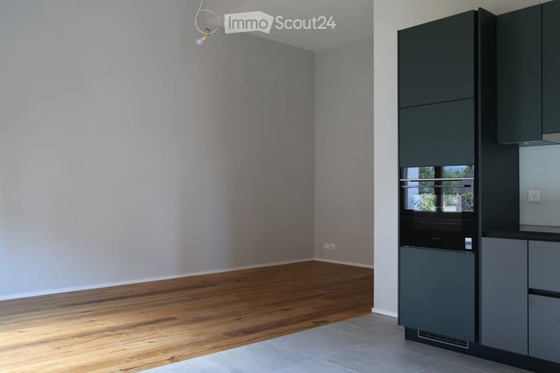 Empty room with wooden flooring, grey walls, and a built-in cabinet unit with a built-in oven and refrigerator. No furniture or personal items are present.