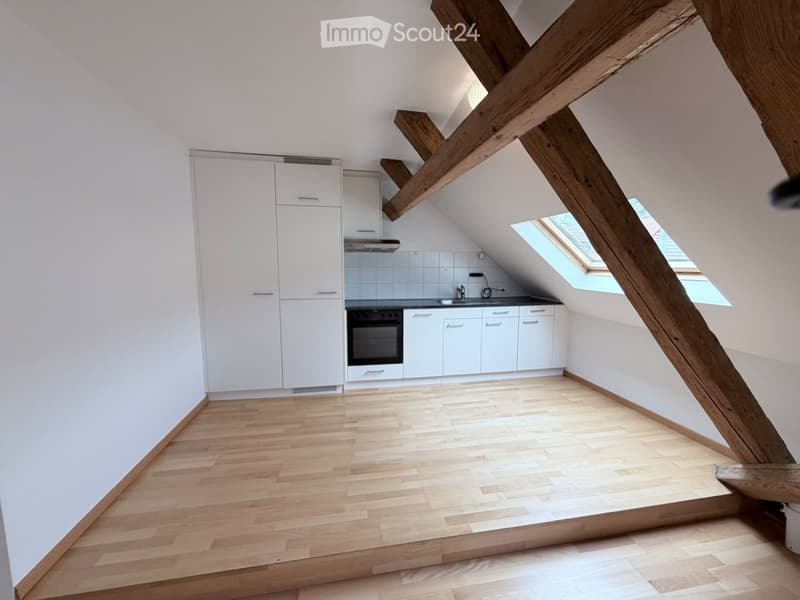 Modern kitchen with white cabinets, wooden floor, and skylight windows. Features an oven, sink, and faucet.