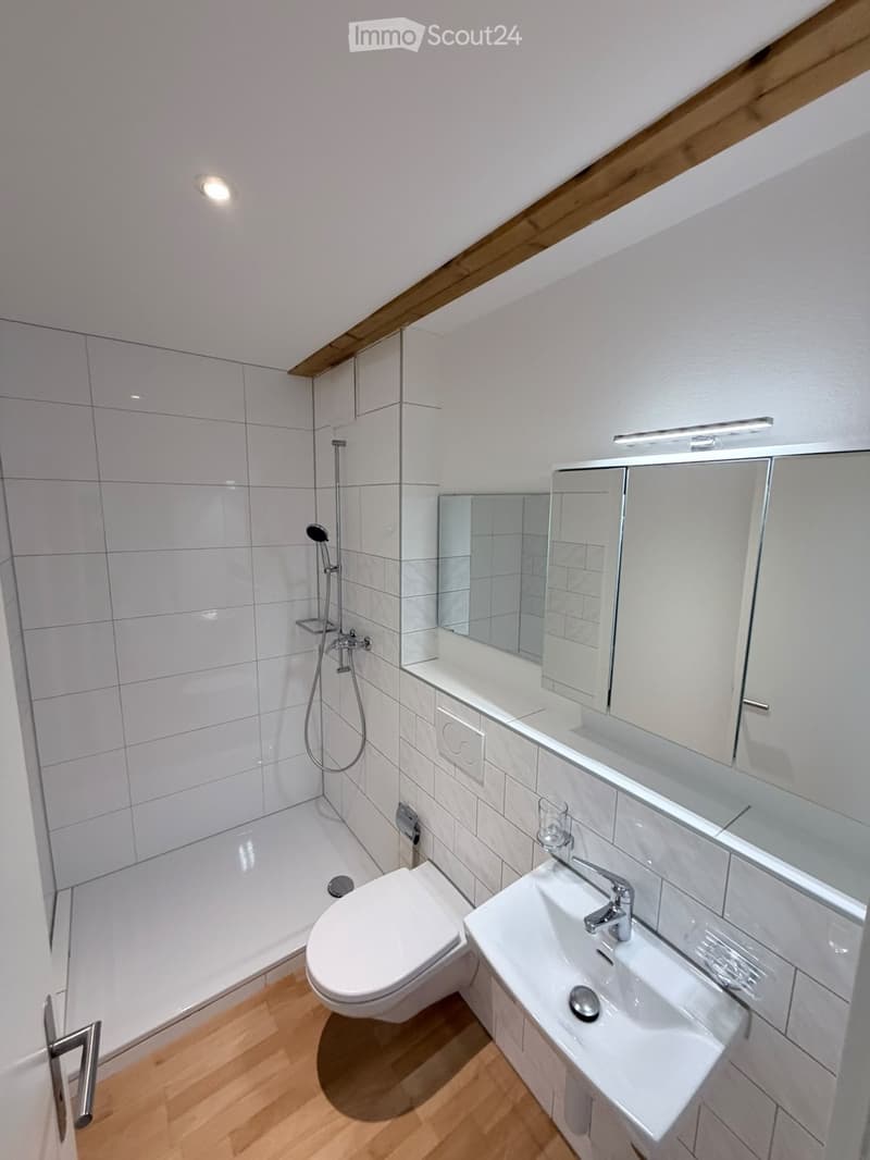 Modern bathroom with white tiles, a toilet, a sink with a mirror, and a shower area with a glass enclosure.