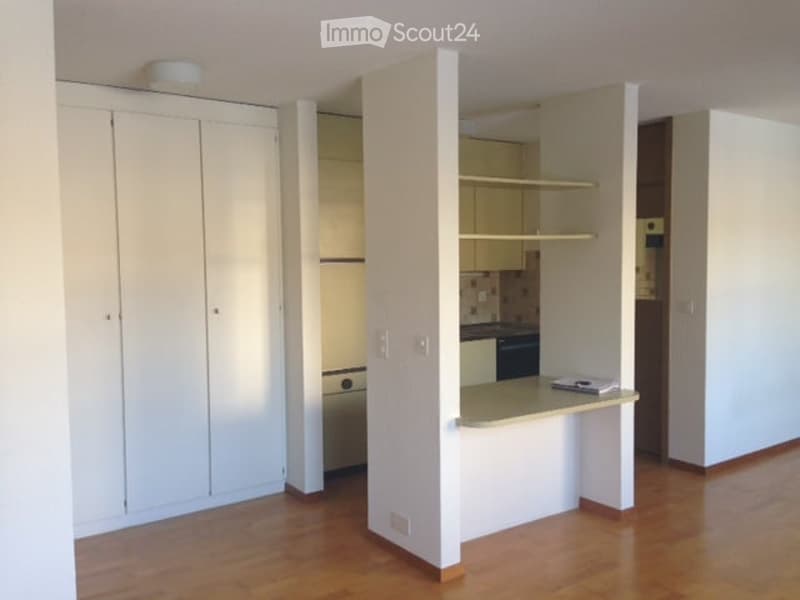 Open-plan living and kitchen area with light-colored cabinets, shelves, a countertop, and integrated appliances including a dishwasher, oven, and stove.