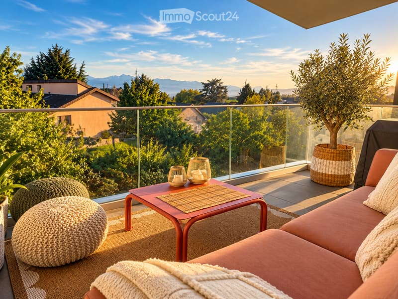 Balcony with a view of the landscape, featuring a red sofa, a small table with candles, woven stools, and a potted tree.