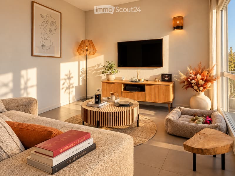 Modern living room with a grey sofa, coffee table, books, a round wooden table, a TV, and decorative items including a vase with dried flowers and a framed picture on the wall.