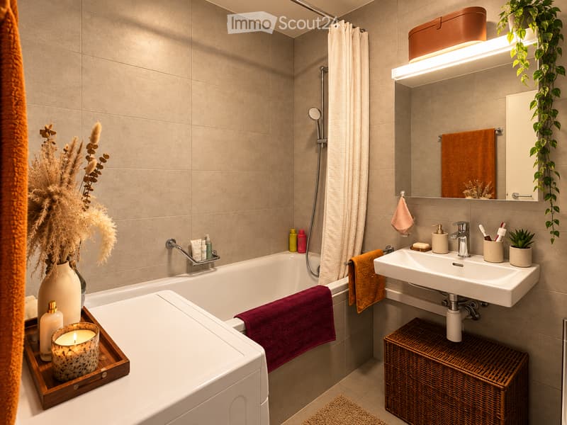 Modern bathroom with a bathtub, sink, mirror, and various decorative items including towels, a candle, and plants.