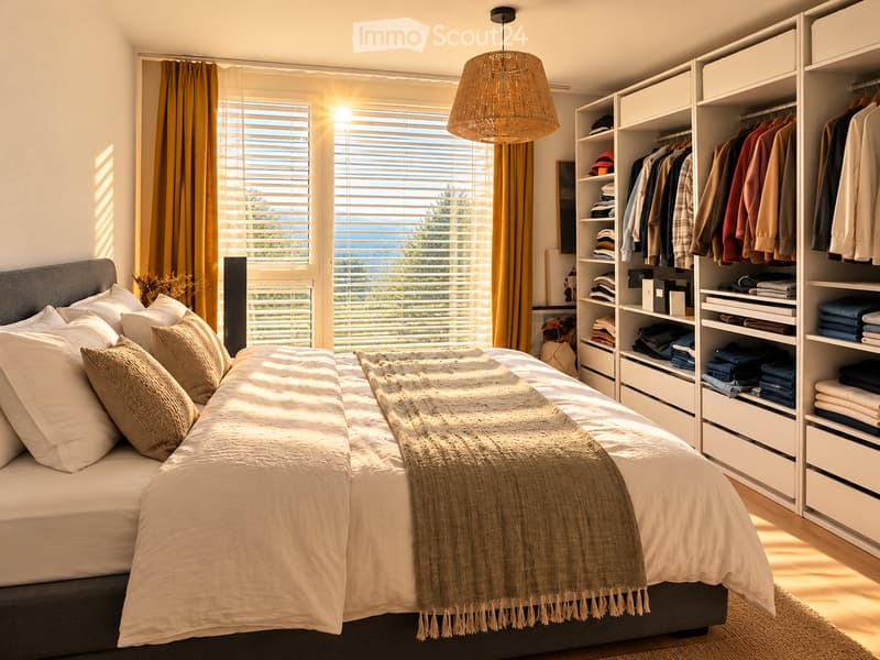 Bright bedroom with a large bed, multiple pillows, a woven blanket, built-in wardrobe with hanging clothes and folded linens, and a large window with blinds and a view of greenery.