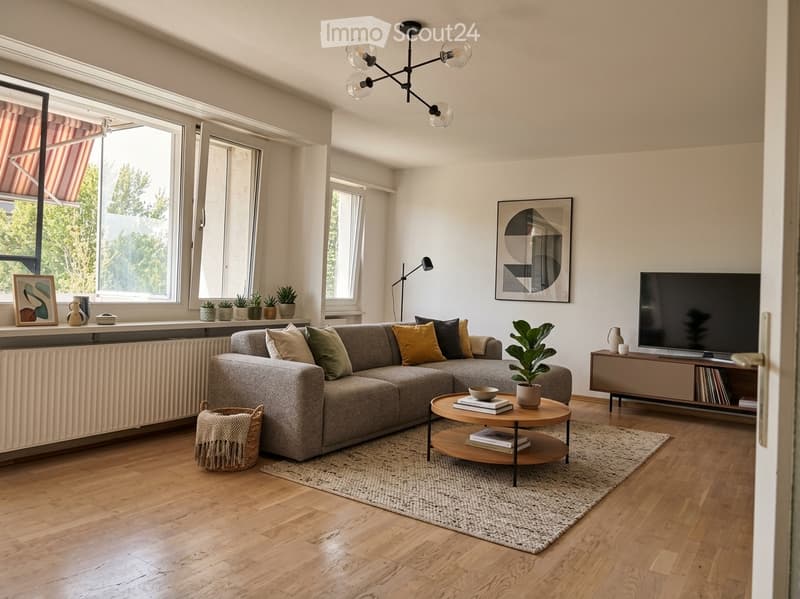 Modern living room with wooden flooring, large windows, grey sectional sofa, coffee table, TV, and decorative plants.