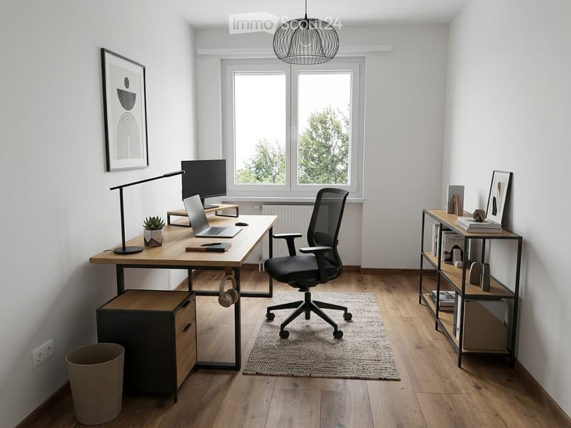 Modern, minimalist office space with a wooden desk, ergonomic chair, laptop, monitor, and decorative items including a plant and artwork.