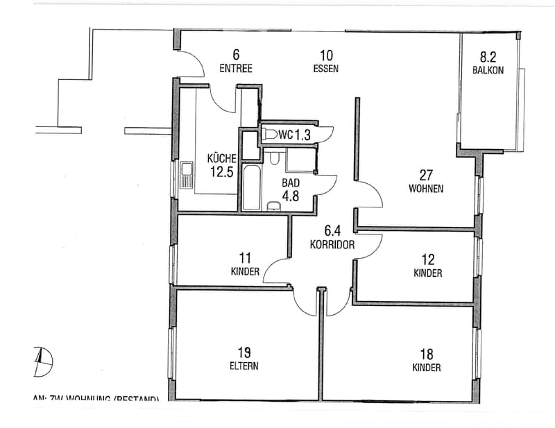 Floor plan of a multi-room apartment with labeled areas including entrance, dining, kitchen, bathroom, living room, children's rooms, parents' room, and balcony.