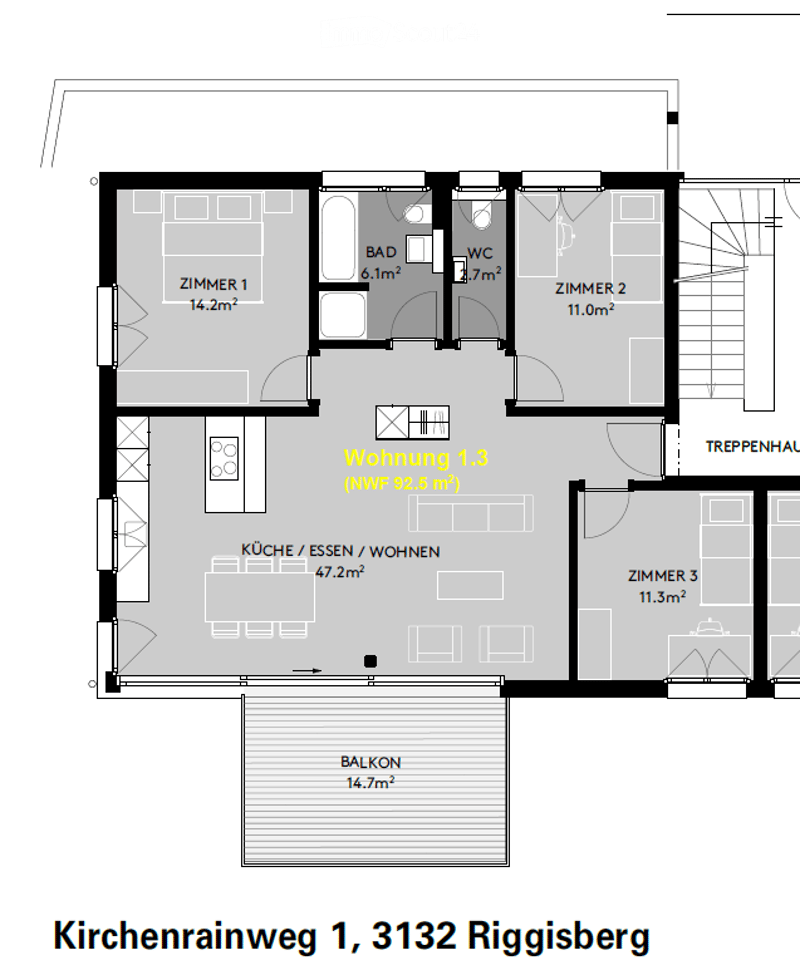 Floor plan of a 3-room apartment with a kitchen/dining/living area, three bedrooms, a bathroom, a WC, and a balcony.