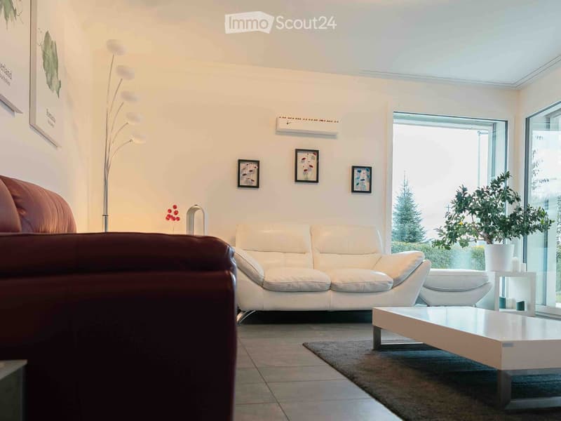 Modern living room with white walls, large windows, a white sofa, a brown leather armchair, a white coffee table, a floor lamp, and a potted plant near the window.