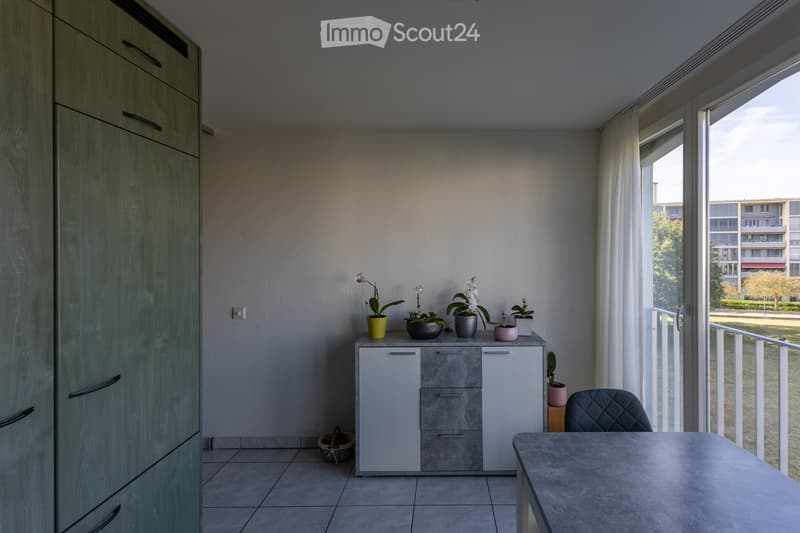A modern, minimalist room with a grey chair, a grey table, a white and grey cabinet, and several flower pots on top of the cabinet. The room has large windows with white curtains and a view of a park.