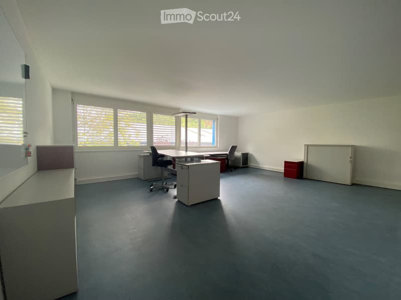 Office space with grey carpet, white walls, large windows with blinds, and basic furniture including chairs, tables, and cabinets.
