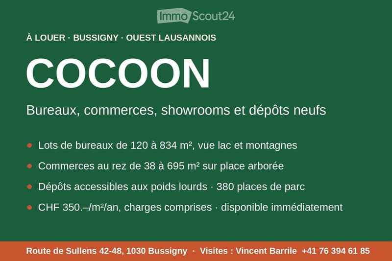 Promotional advertisement for commercial spaces in Bussigny, featuring details about office spaces, retail areas, and warehouses with parking and immediate availability.