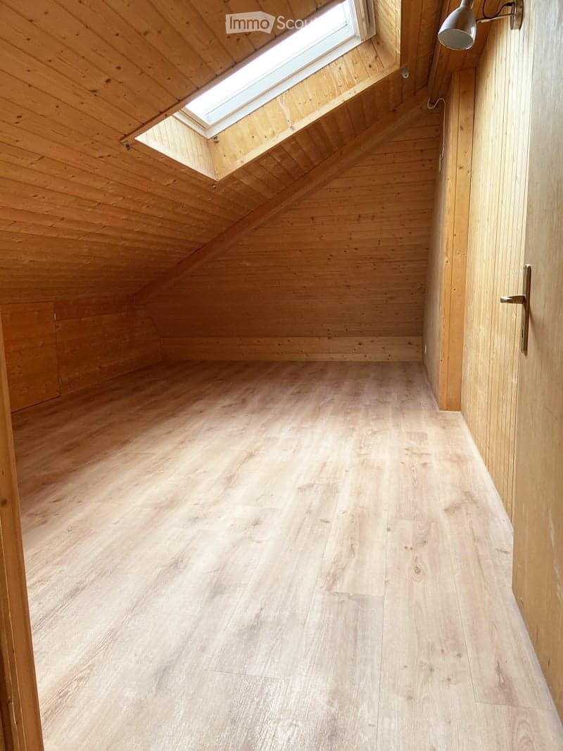 Empty attic space with wooden walls, floor, and a skylight window. No furniture or equipment present.